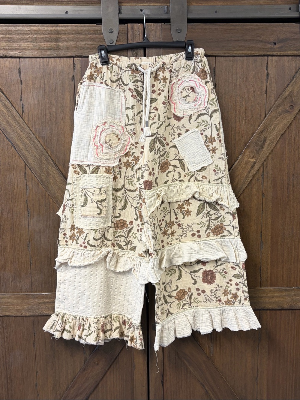 POL Woven Patchwork Floral Wide Leg Boho Cotton Pants Natural Cream Size Small - Picture 2 of 6